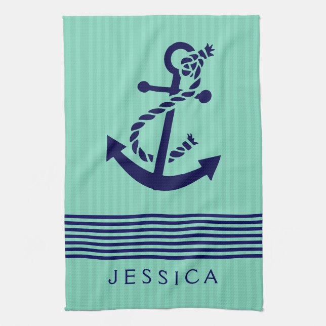 Navy Blue & Mint Stripes & Nautical Boat Anchor 2 Tea Towel (Vertical)