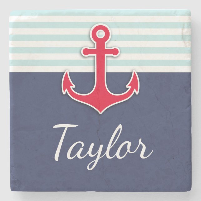 Navy Blue Mint Stripes Red Anchor Personalised Stone Coaster (Front)
