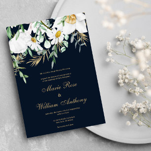 Navy blue mint white gold daisies floral Wedding  Invitation