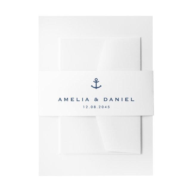 Navy Blue Modern Anchor Nautical Wedding Invitation Belly Band (Front Example)