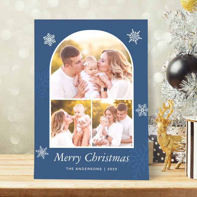Navy Blue Modern Arch Photo Frame Merry Christmas Holiday Card (Creator Uploaded)