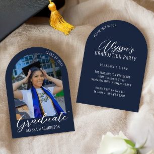 Navy Blue Modern Arch Photo Graduation Party Invitation