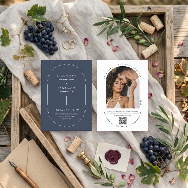 Navy Blue Modern Arch QR Code Photo Boho Wedding  Invitation (Creator Uploaded)