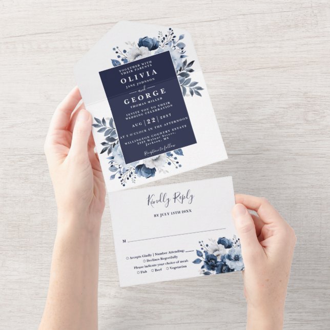 Navy Blue Modern Botanical Floral Wedding All In One Invitation (Tearaway)