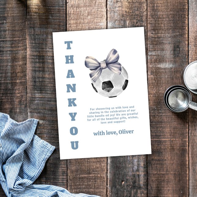 Navy Blue Modern Bow Soccer Sport Boy Baby Shower  Thank You Card (Navy Blue Modern Bow Soccer Sport Boy Baby Shower Thank You Card)