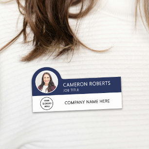 Navy Blue Modern Business Logo Photo Employee Name Tag