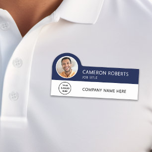 Navy Blue Modern Business Logo Photo Employee Name Tag