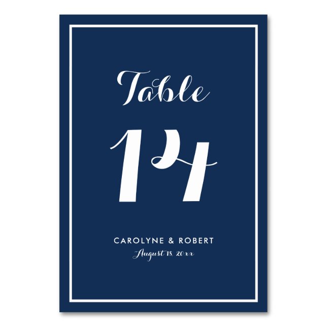 Navy Blue Modern Calligraphy Wedding Table Number (Front)