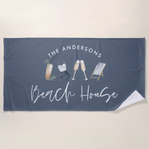 Navy blue modern champagne script beach house beac beach towel