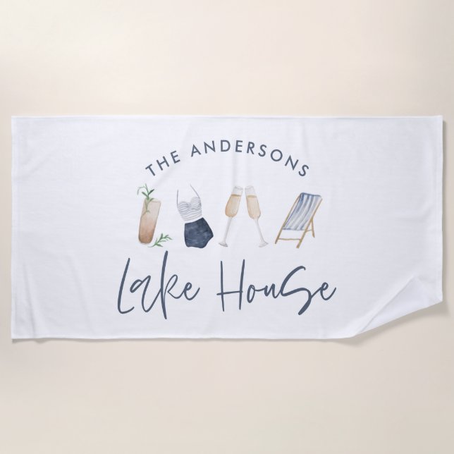 Navy blue modern champagne script lake house beach towel (Front)