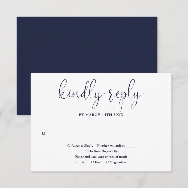 Navy Blue Modern Chic Elegant Script Wedding RSVP Card (Front/Back)
