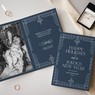 Navy Blue Modern Deco Happy Holidays Photo Holiday Card