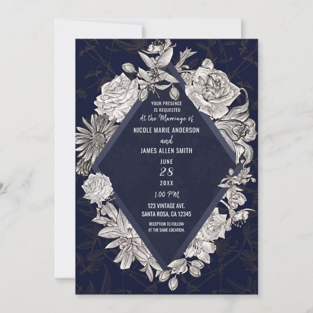Navy Blue Modern Diamond Vintage Flowers Wedding Invitation (Front)