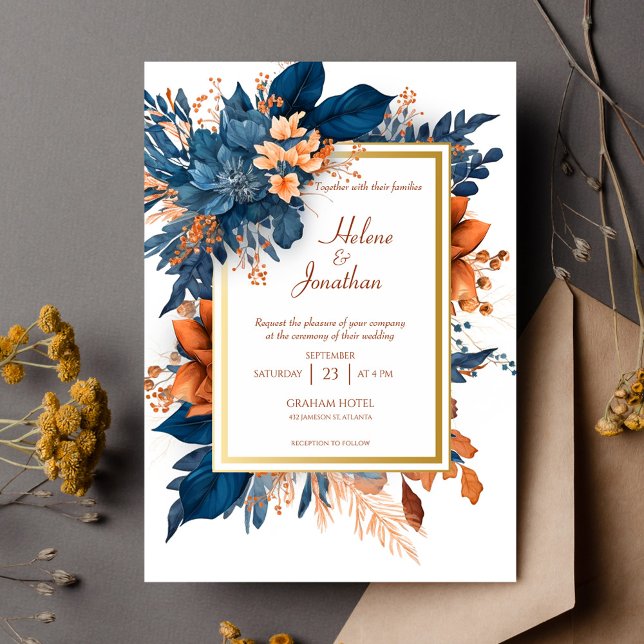 Navy Blue Modern Elegant Floral Boho Wedding Invitation (Modern Elegant Floral Boho Wedding Invitation)
