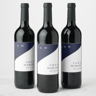 Navy Blue Modern Elegant Monogram Wedding Wine Label