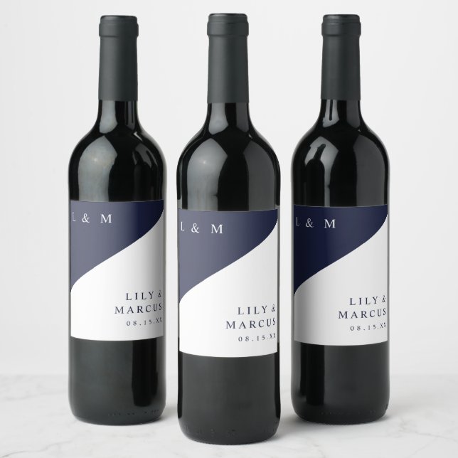 Navy Blue Modern Elegant Monogram Wedding Wine Label (Bottles)