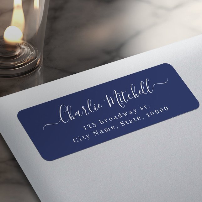 Navy Blue Modern elegant script return address Label (Navy Blue Modern elegant script return address Label)