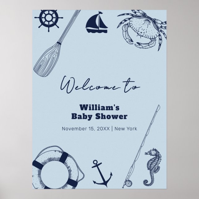 Navy Blue Modern Fishing Boy Baby Shower  Welcome  Poster (Front)