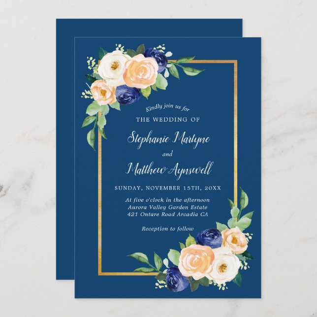 Navy Blue Modern Floral Coral Wedding Invitation (Front/Back)
