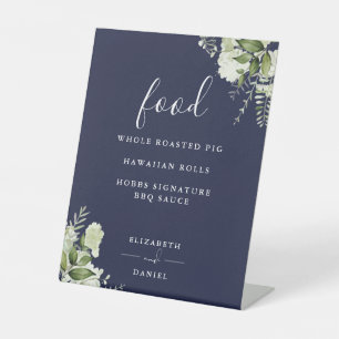 Navy Blue Modern Floral Greenery Food Menu Pedestal Sign