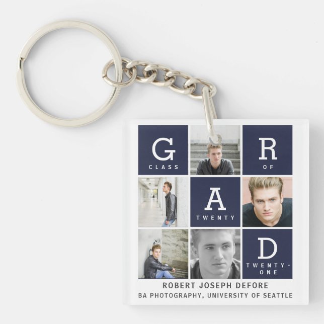 Navy blue modern graphic photo collage graduation  key ring (Front)
