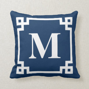 Navy Blue Modern Greek Key Border Monogram Cushion