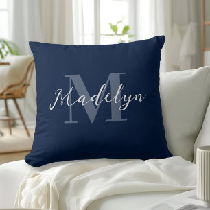 Navy Blue Modern Initial Name Monogram Cushion