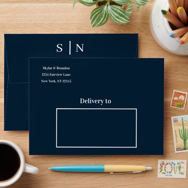 Navy Blue Modern Minimal Wedding Envelope (Desk)