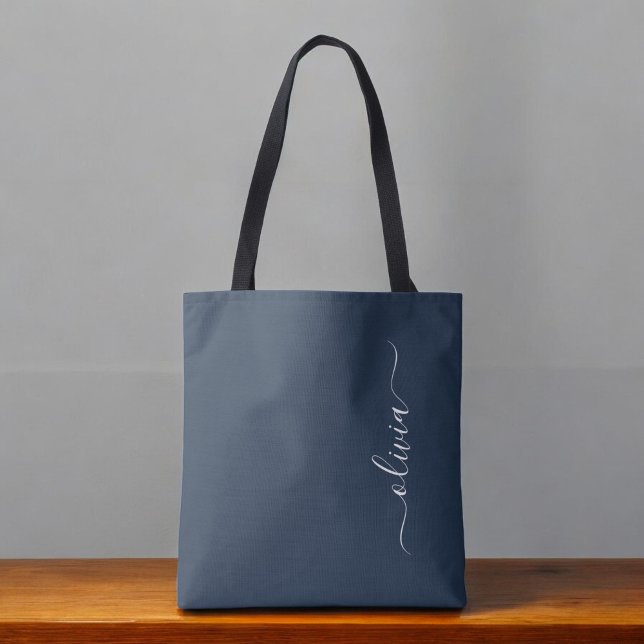 Navy Blue Modern Minimalist Elegant Monogram Tote Bag (Creator Uploaded)