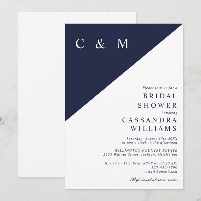 Navy Blue Modern Minimalist Monogram Bridal Shower Invitation (Front/Back)