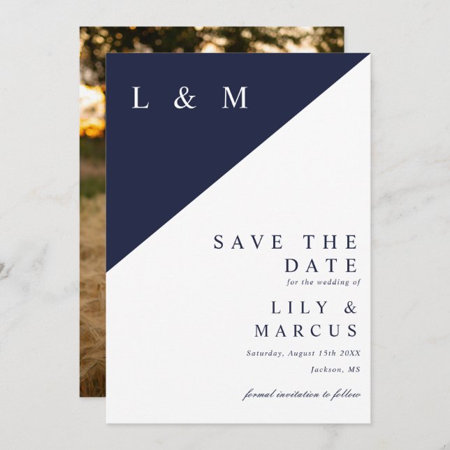 Navy Blue Modern Minimalist Monogram Wedding Photo Save The Date (Front/Back)