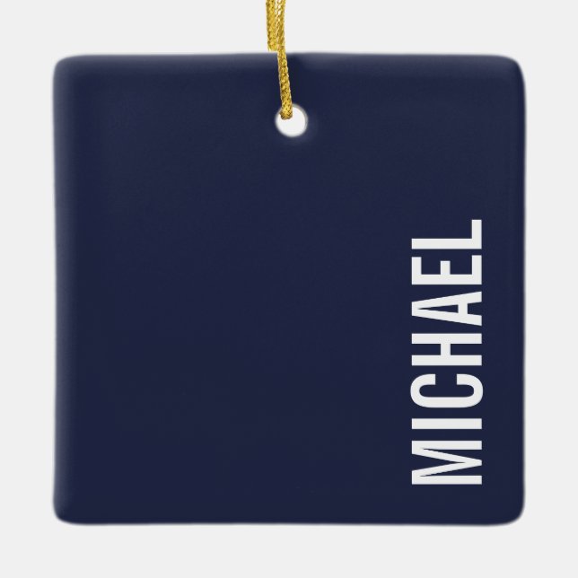 Navy Blue Modern Minimalist Personalised Name Ceramic Ornament (Front)