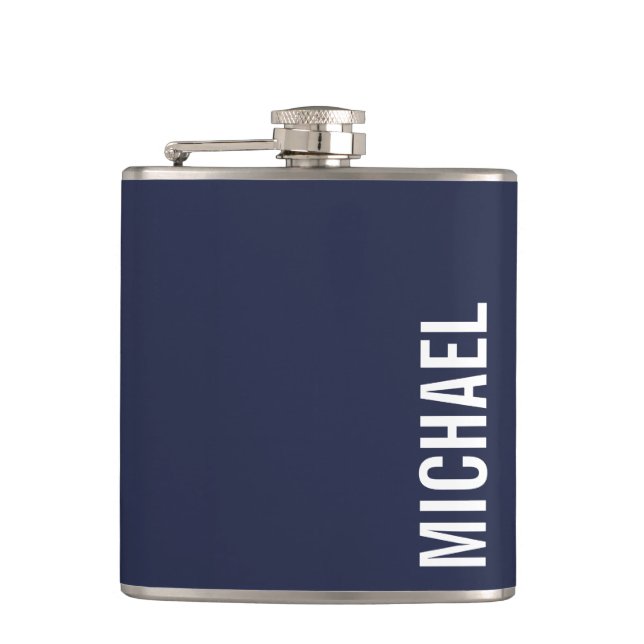 Navy Blue Modern Minimalist Personalised Name Hip Flask (Front)