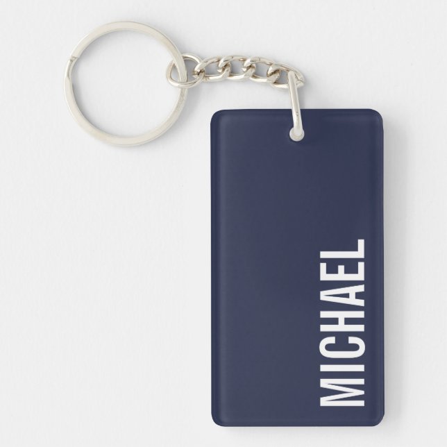 Navy Blue Modern Minimalist Personalised Name Key Ring (Front)