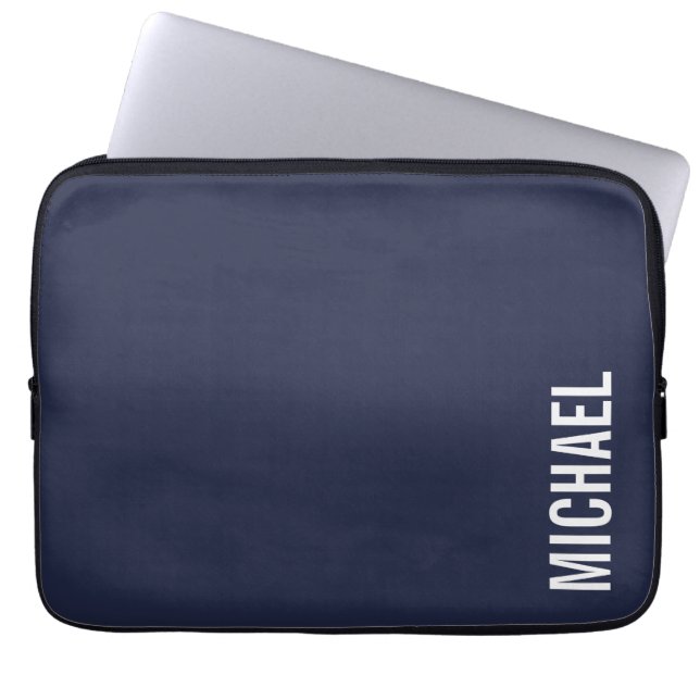 Navy Blue Modern Minimalist Personalised Name Laptop Sleeve (Front)