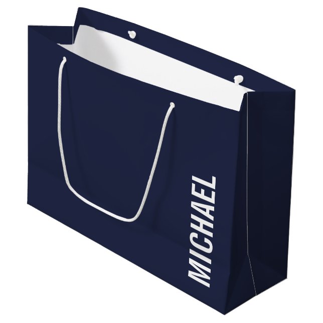 Navy Blue Modern Minimalist Personalised Name Large Gift Bag (Front Angled)
