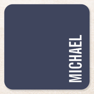 Navy Blue Modern Minimalist Personalised Name Square Paper Coaster