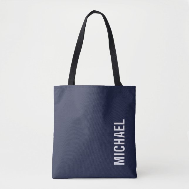 Navy Blue Modern Minimalist Personalised Name Tote Bag (Front)
