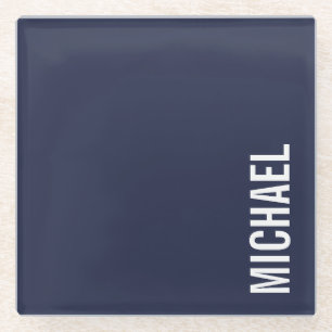 Navy Blue Modern Minimalist Personalized Name Glass Coaster