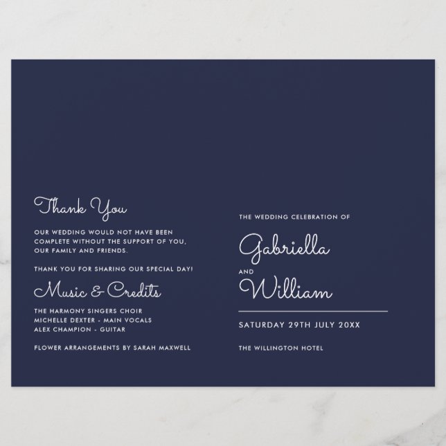 Navy Blue Modern Minimalist Script Wedding Program (Front)