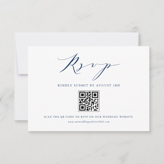 Navy Blue Modern Minimalist Script Wedding QR Code RSVP Card (Front)