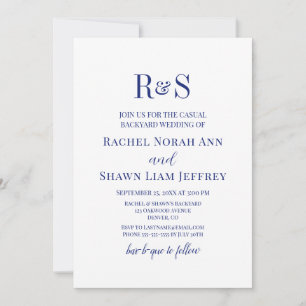 Navy Blue Modern Monogram Backyard Wedding Invitation