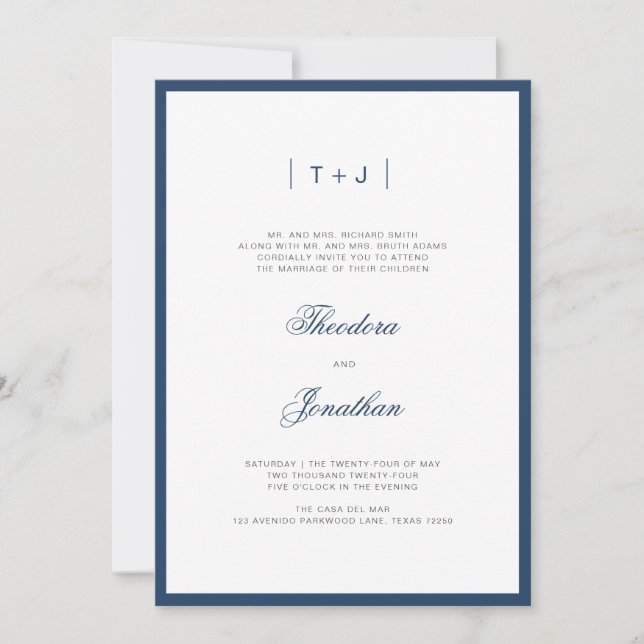 Navy Blue Modern Monogram Border Wedding Invitation (Front)
