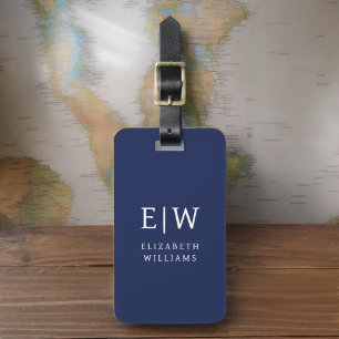 Navy Blue Modern Monogram Minimalist Luggage Tag