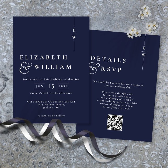Navy Blue Modern Monogram Wedding QR Code Invitation (Navy Blue Modern Monogram Wedding QR Code Invitation)
