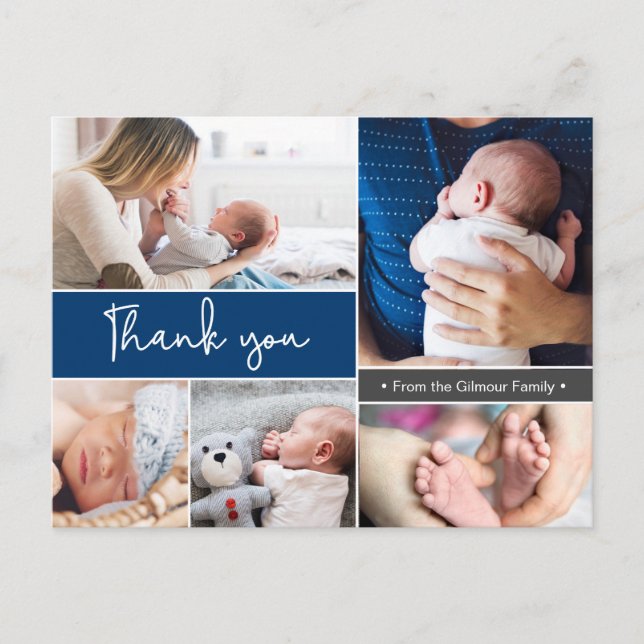 Navy Blue Modern Multi-Photo Thank You Script Postcard (Front)