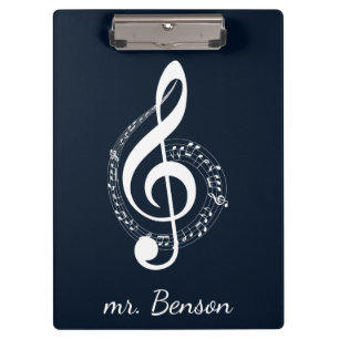 Navy Blue Modern Music Notes Personalised Clipboard