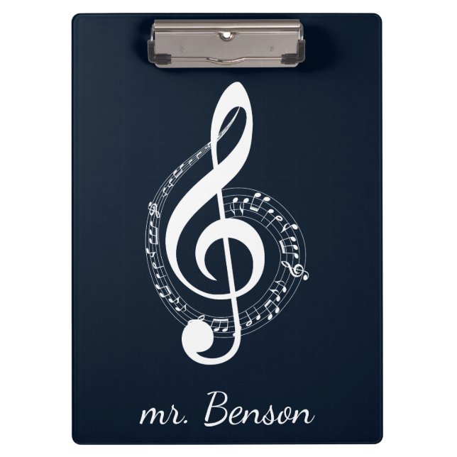 Navy Blue Modern Music Notes Personalised Clipboard (Front)