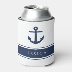 Navy Blue Modern Nautical Anchor Custom Name Can Cooler