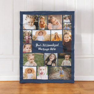 Navy Blue Modern Personalised 16 Photo Collage Fleece Blanket